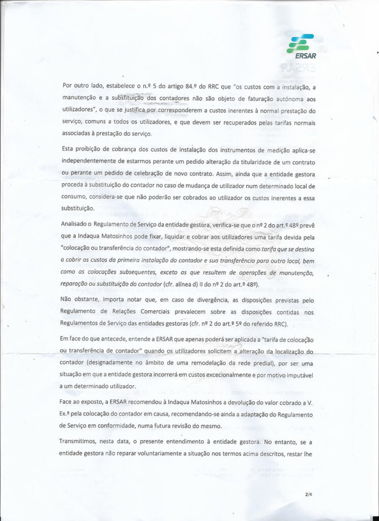 Carta Resposta ERSAR à INDÁQUA Matosinhos