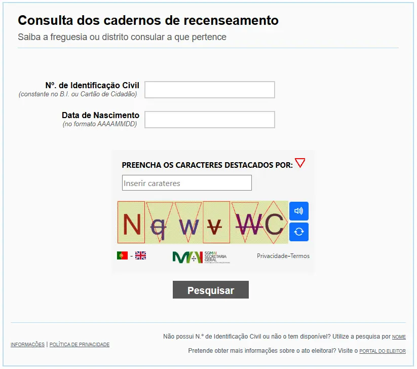 Consulta dos cadernos de recenseamento
